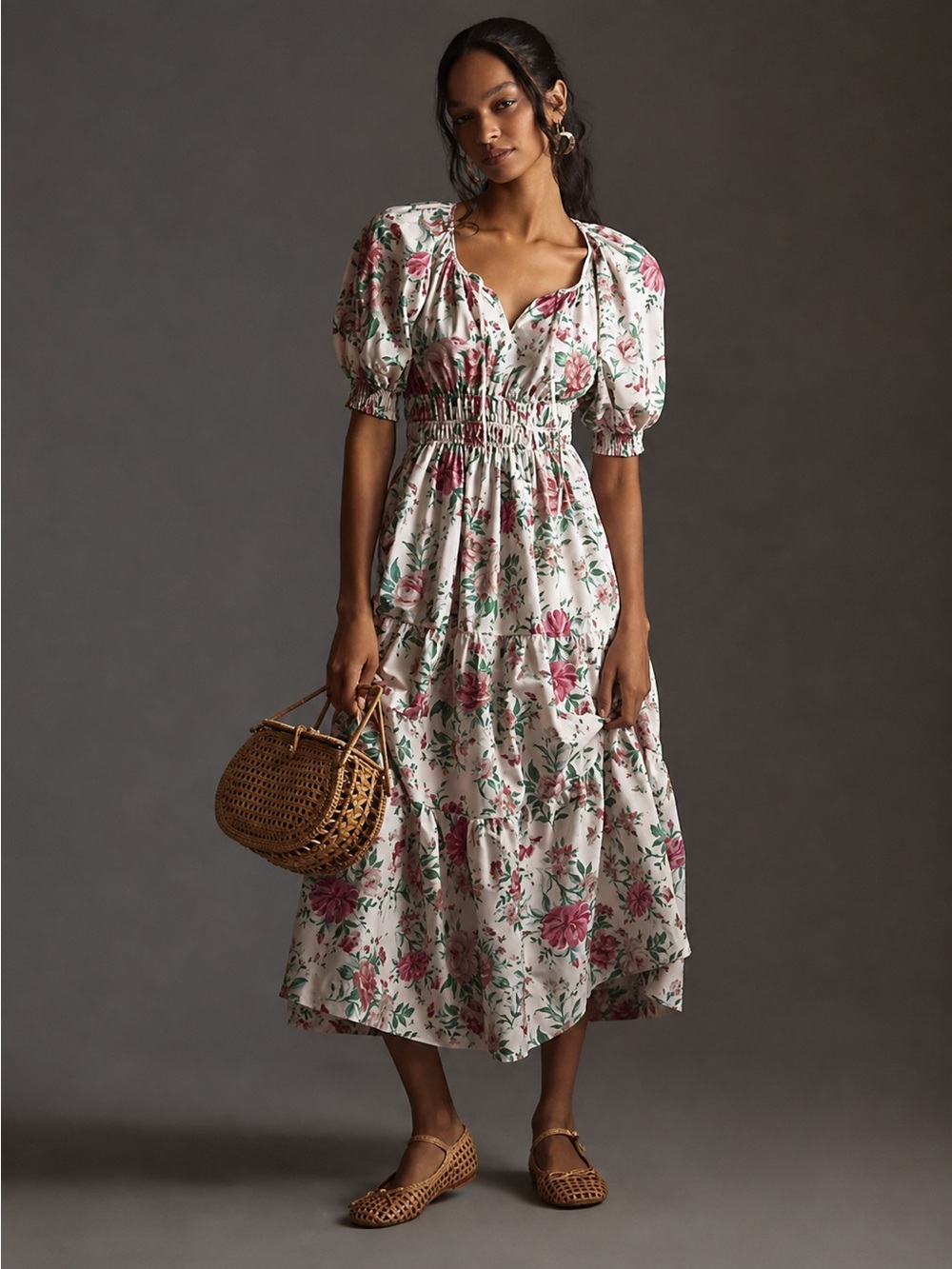 Anthropologie Somerset Maxi Dress Medium Pink Floral Puff Sleeve Cottagecore